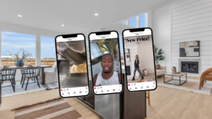 Three smartphone screens hover over a bright open-plan living space, each displaying Instagram posts.