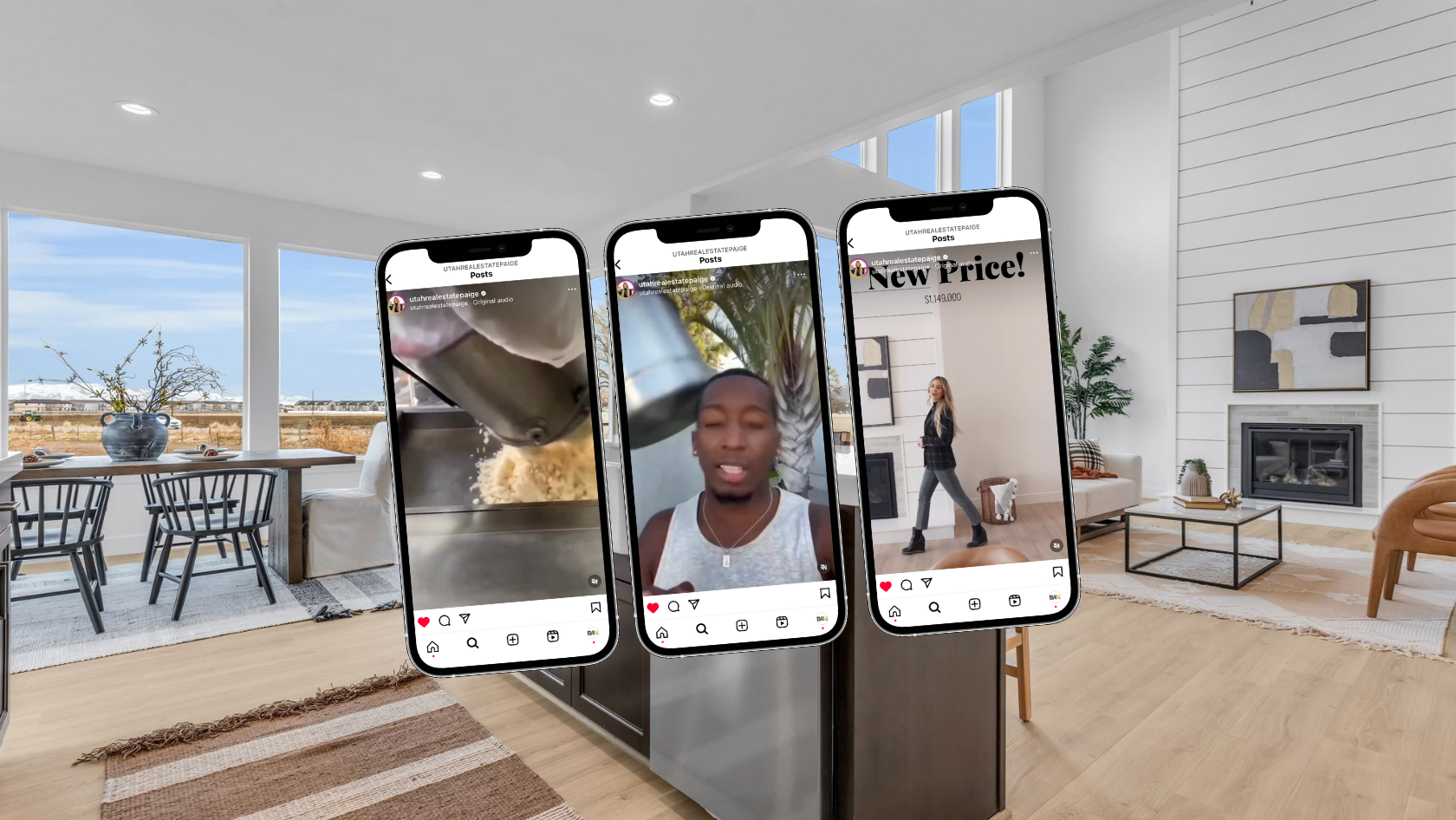 Three smartphone screens hover over a bright open-plan living space, each displaying Instagram posts.