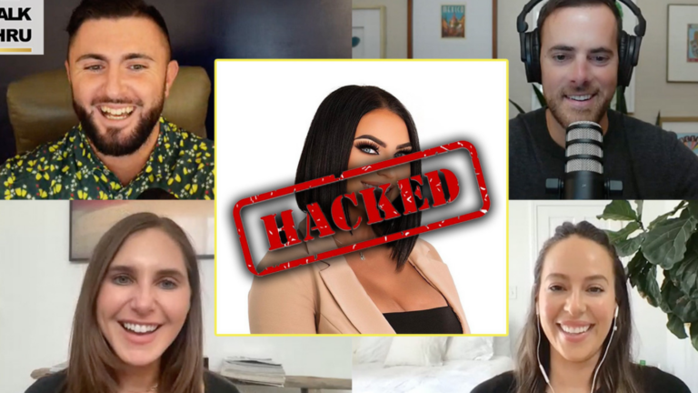 Group video call collage with four participants around a central portrait overlaid by a red 'HACKED' stamp and yellow border.