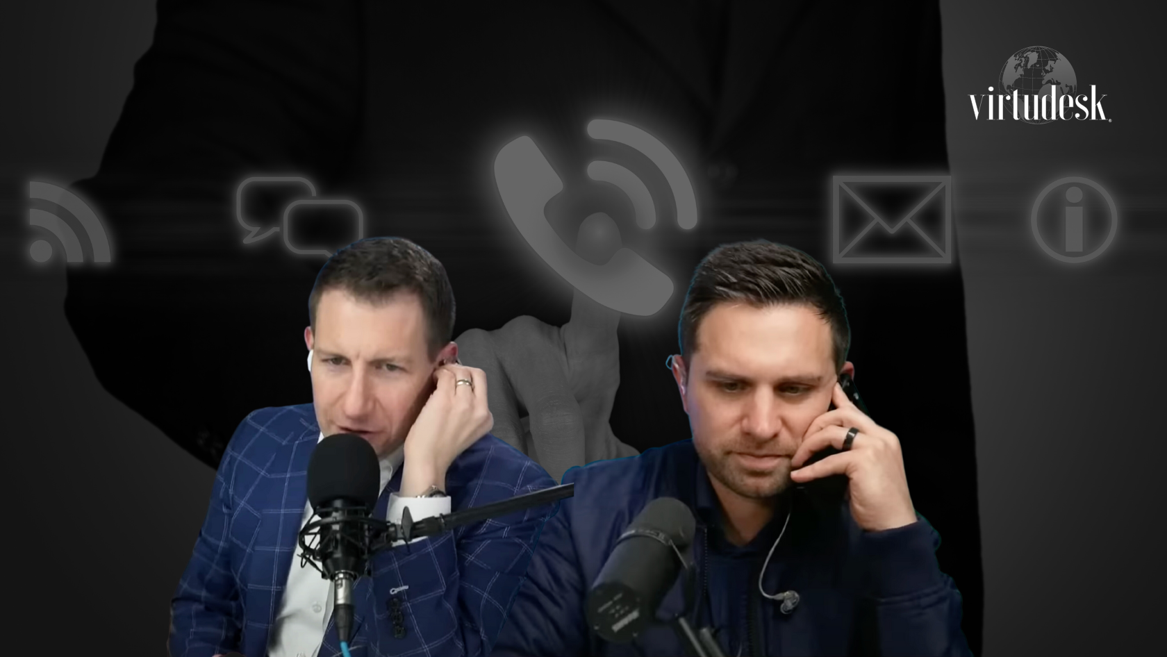 Two men podcasting at microphones with earphones, dark studio background and Virtudesk logo in corner.