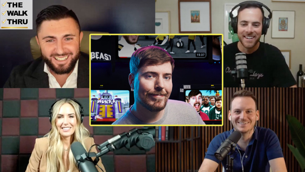 A collage of five people in a podcast/video call, with a central framed host highlighted in yellow. The group smiles into microphones on a studio setup.