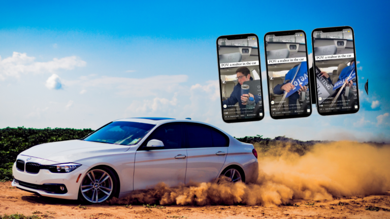 White BMW sedan on a dirt road kicking up orange dust under a bright blue sky, with three smartphones floating in the air showing in-car videos.