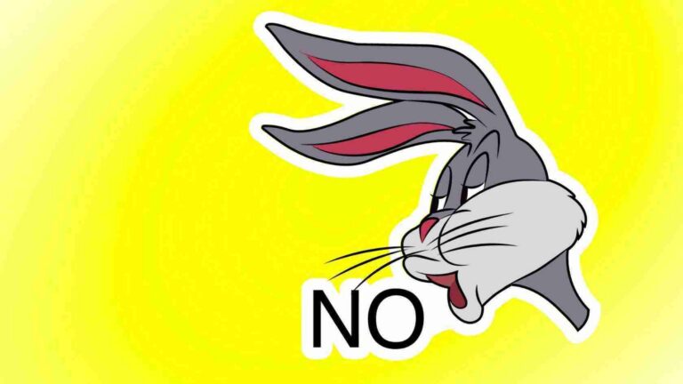 Cartoon rabbit looking down and saying no, with bold NO text on a bright yellow background (conveys refusal)