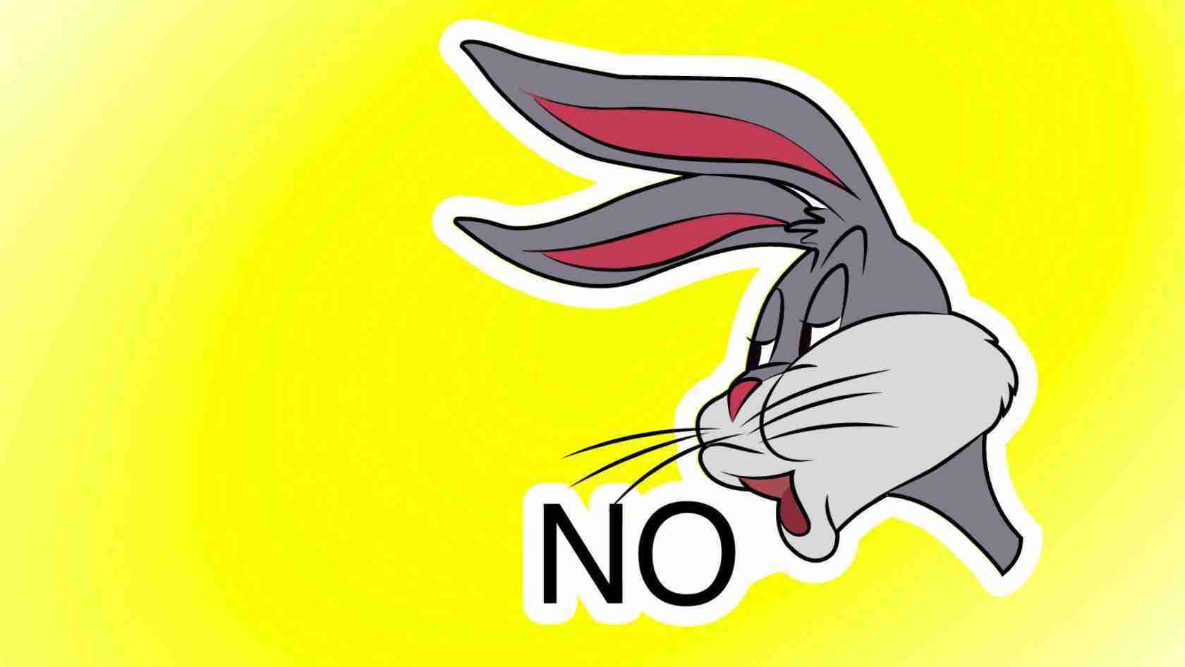 Cartoon rabbit looking down and saying no, with bold NO text on a bright yellow background (conveys refusal)
