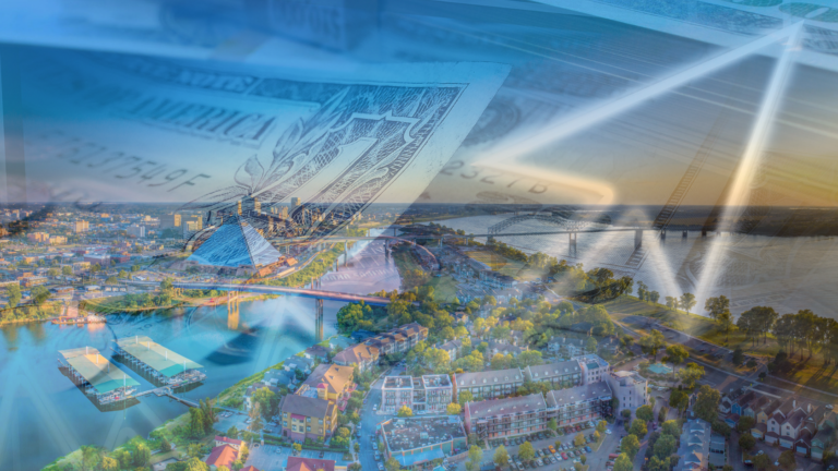 Aerial cityscape with river and bridges overlaid by translucent dollar bills and a glowing card shape, symbolizing finance and investment