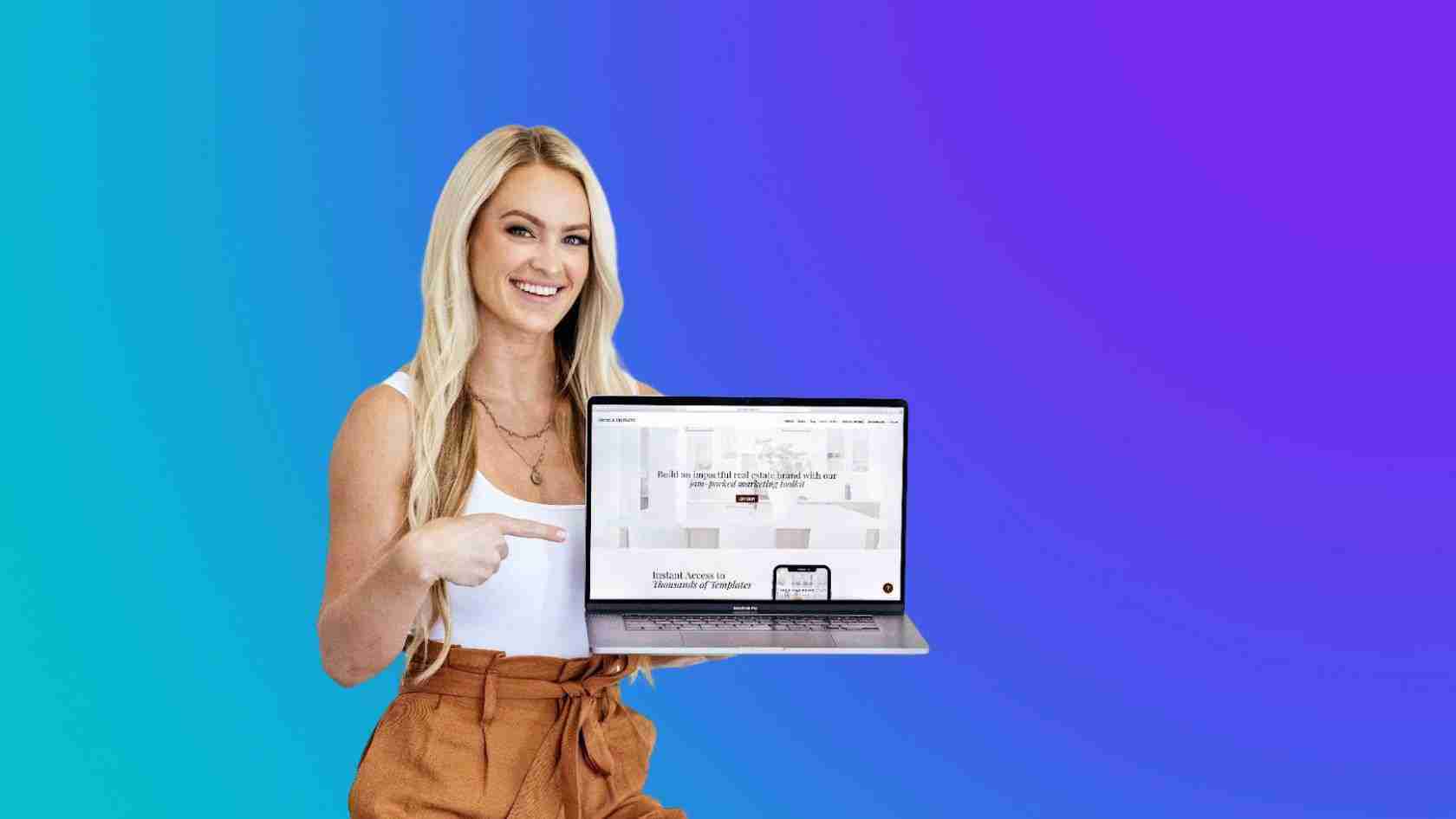 Smiling woman presents a laptop displaying a website against a blue-to-teal gradient background.