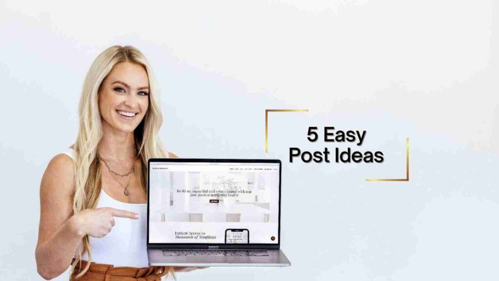 Smiling blonde woman holding a laptop with the title '5 Easy Post Ideas' on the right side.