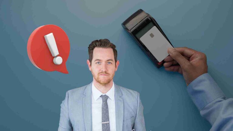 Businessman in a suit with a red speech bubble icon and a hand swiping a card reader, implying communication and payment processing.