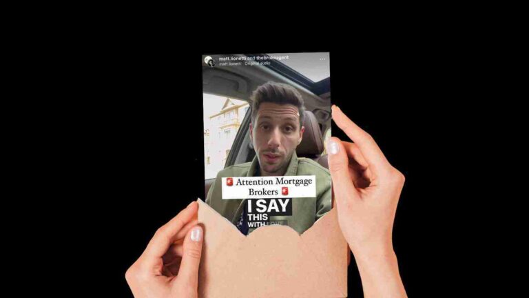 Man sitting in a car, with bold text overlay reading 'Attention Mortgage Brokers: I SAY THIS' and torn cardboard at the bottom of the frame.
