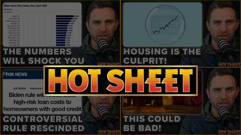 Collage of six bold news thumbnails with a central glowing 'HOT SHEET' banner, fronting headlines about housing, Biden, and trends.