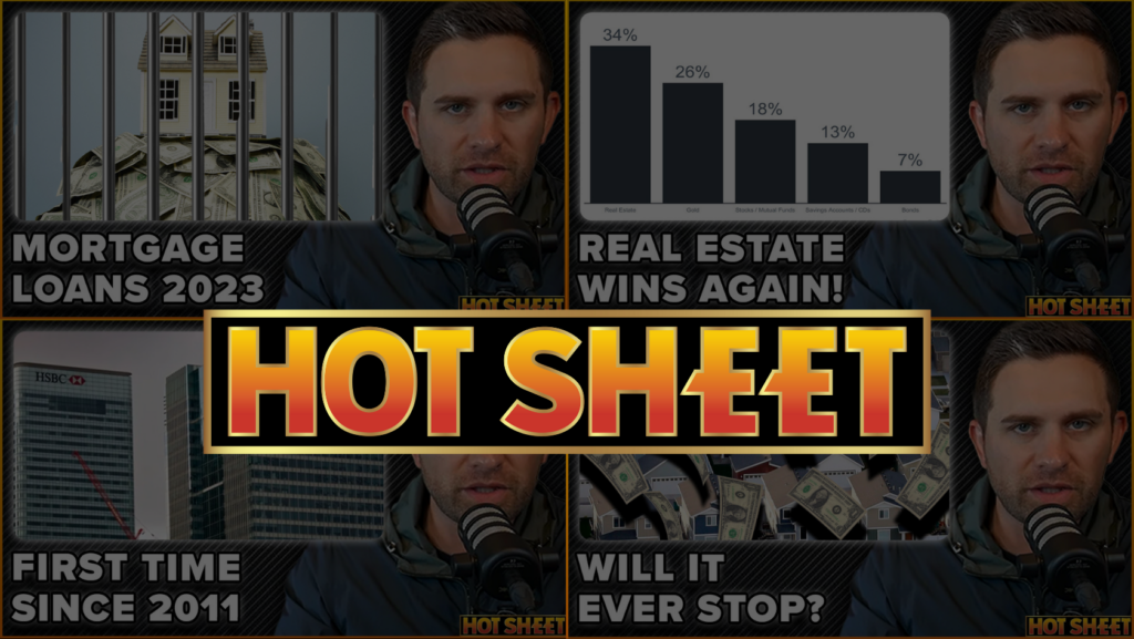 Collage of six dark thumbnails with a man at a microphone and bold captions like Mortgage Loans 2023 and Real Estate Wins Again!, center text HOT SHEET.