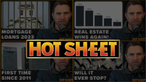 Collage of six dark thumbnails with a man at a microphone and bold captions like Mortgage Loans 2023 and Real Estate Wins Again!, center text HOT SHEET.
