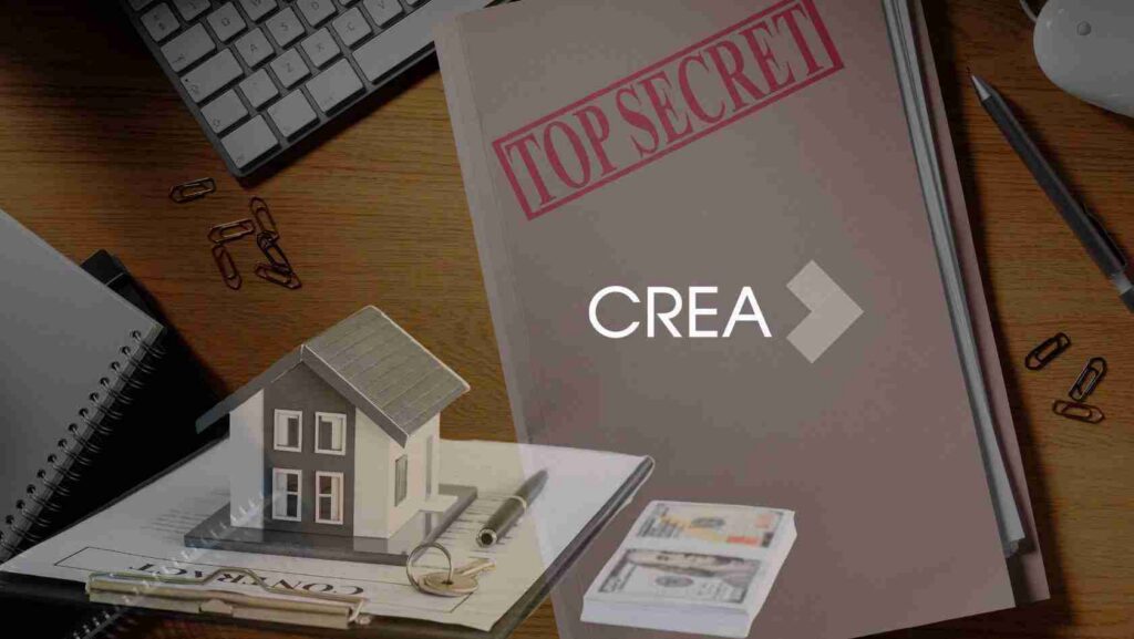 Office desk with a large 'TOP SECRET' folder, a miniature house model on papers, and scattered stationery suggests confidential real estate work