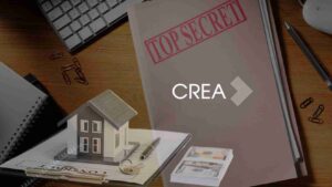 Office desk with a large 'TOP SECRET' folder, a miniature house model on papers, and scattered stationery suggests confidential real estate work