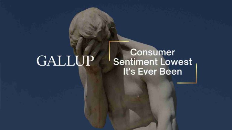 Statue covering its face on a dark blue background with the headline 'Consumer Sentiment Lowest It’s Ever Been' and the word 'GALLUP'.