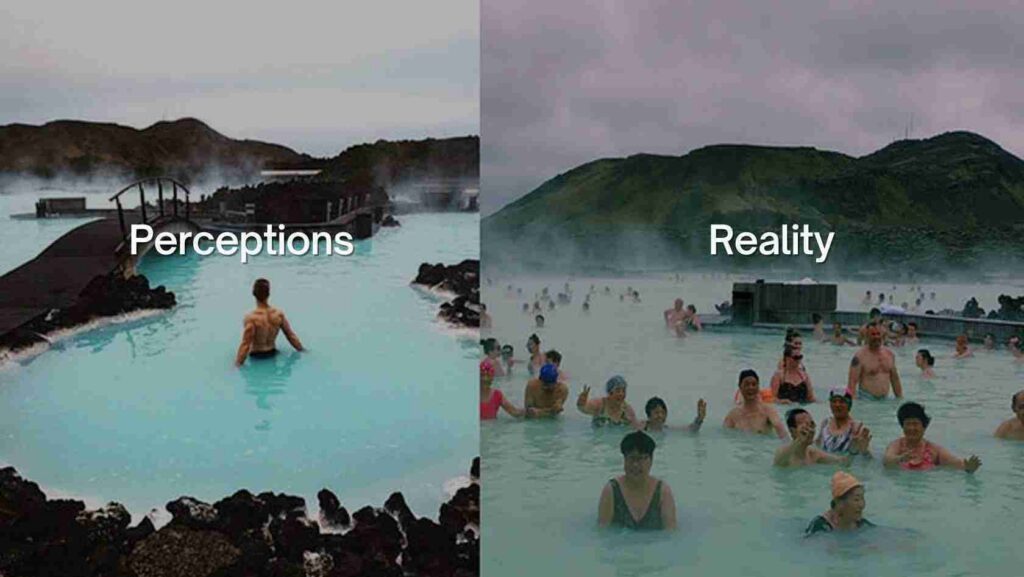 Split image showing 'Perceptions' left with a lone man in a blue pool, and 'Reality' right with a crowded hot spring scene labeled Reality.