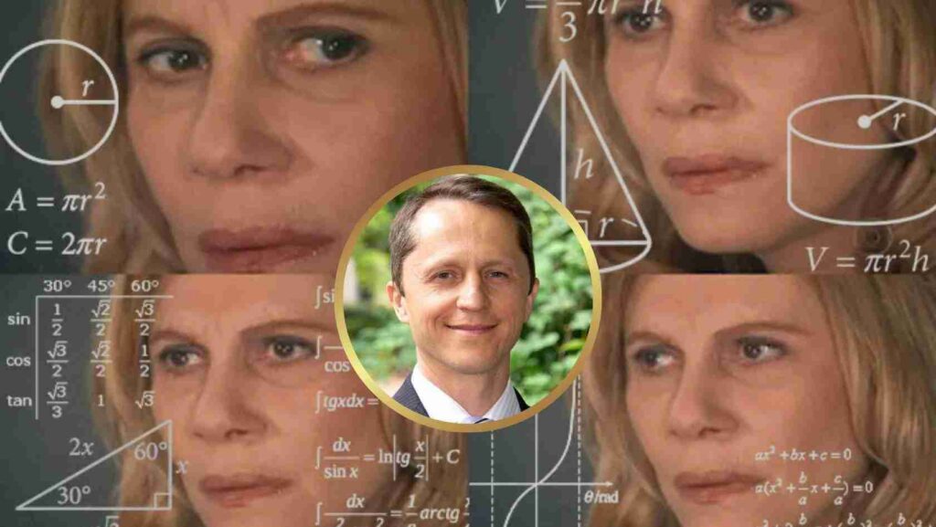 A smiling man’s portrait centered on a collage of women’s faces and mathematical formulas in the background.