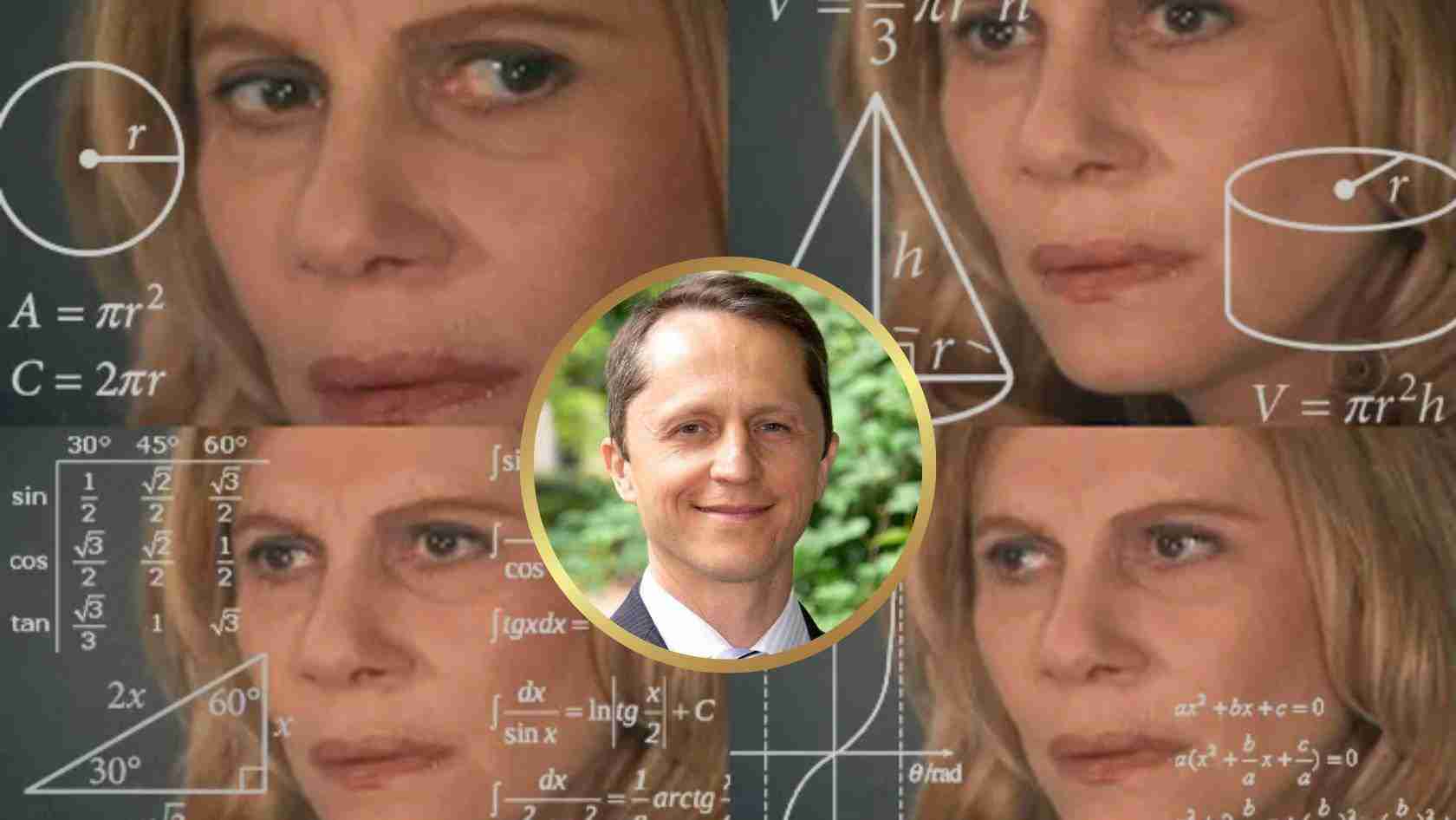 A smiling man’s portrait centered on a collage of women’s faces and mathematical formulas in the background.