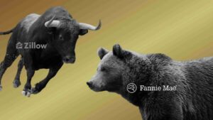 Bull and bear facing off against a yellow gradient background, with Zillow and Fannie Mae logos, symbolizing real estate market trends.