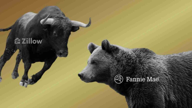 Bull and bear facing off against a yellow gradient background, with Zillow and Fannie Mae logos, symbolizing real estate market trends.