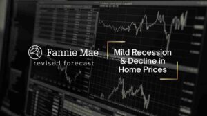 Fannie Mae logo and the title 'Mild Recession & Decline in Home Prices' over a background of financial charts.
