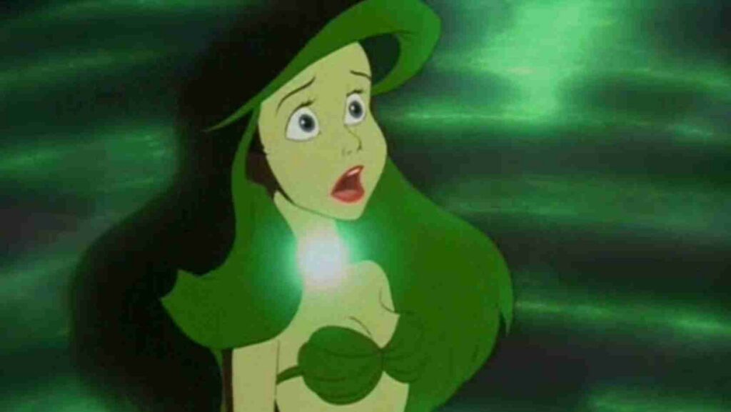 Animated green-dressed woman looks scared, mouth open, in a dark, swirling green background.