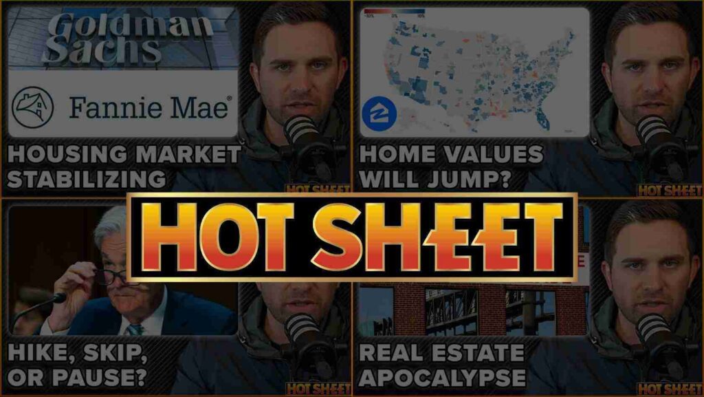 Composite thumbnail collage for a 'Hot Sheet' show: bold central 'HOT SHEET' banner with surrounding panels of headlines and a host at a microphone.