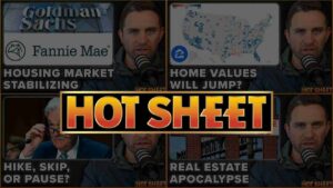 Composite thumbnail collage for a 'Hot Sheet' show: bold central 'HOT SHEET' banner with surrounding panels of headlines and a host at a microphone.