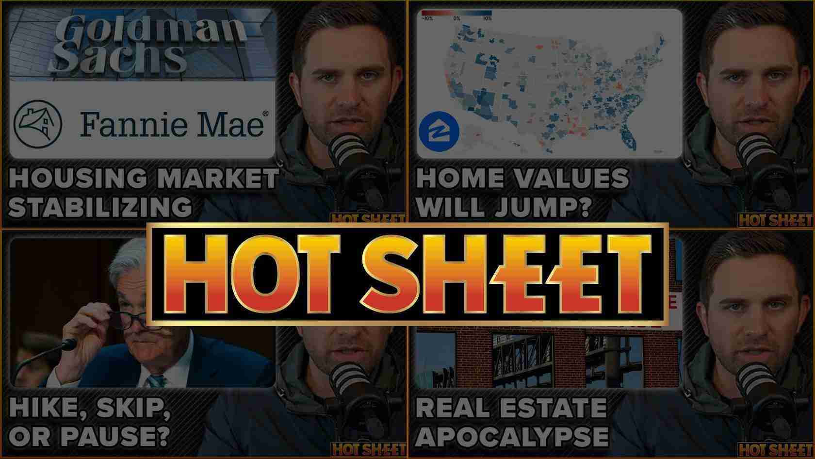 Composite thumbnail collage for a 'Hot Sheet' show: bold central 'HOT SHEET' banner with surrounding panels of headlines and a host at a microphone.