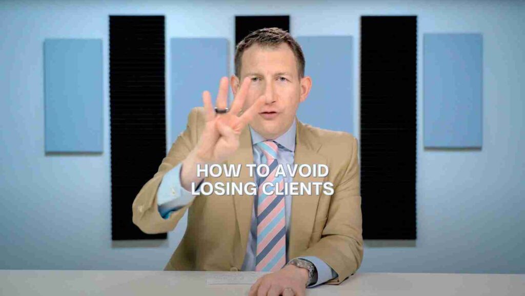 Video thumbnail: man in a tan suit at a desk, gesturing with three fingers, overlaid with the text 'HOW TO AVOID LOSING CLIENTS'