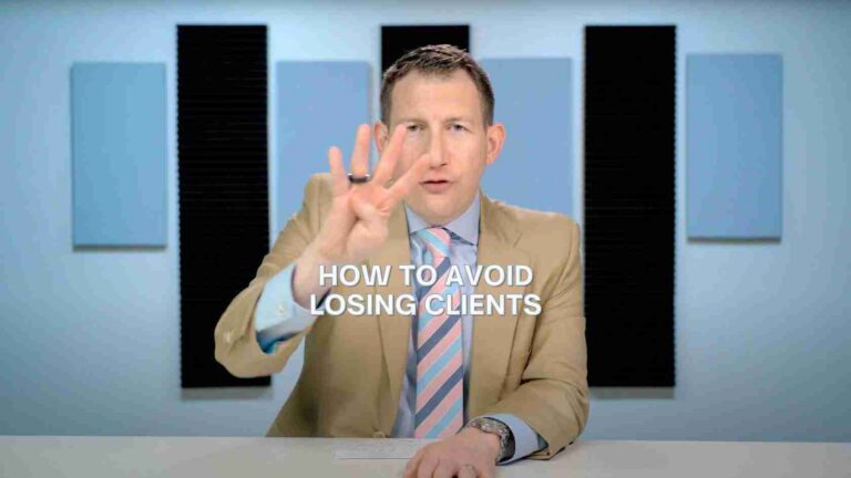 Video thumbnail: man in a tan suit at a desk, gesturing with three fingers, overlaid with the text 'HOW TO AVOID LOSING CLIENTS'