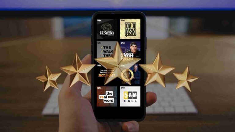 Hand holding a smartphone showing a grid of BAM podcast thumbnails, with large gold star awards floating around the screen.