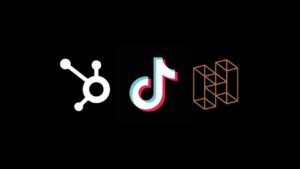 White HubSpot logo, TikTok logo, and a brown geometric cube logo on a black background viewed in a row.