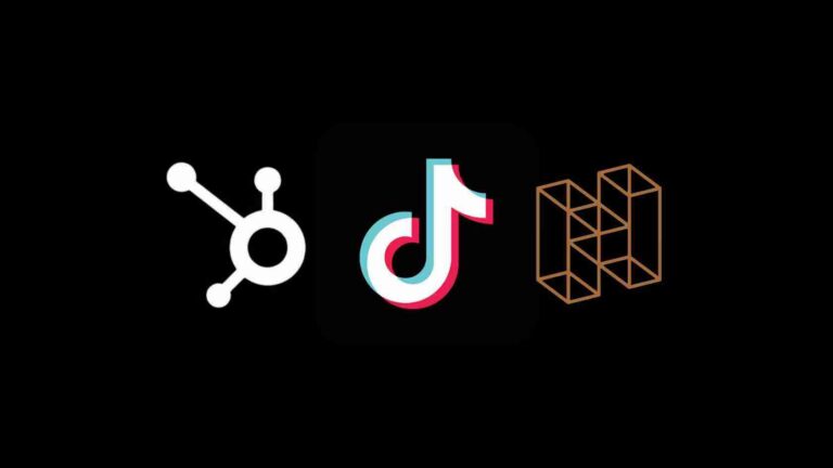White HubSpot logo, TikTok logo, and a brown geometric cube logo on a black background viewed in a row.
