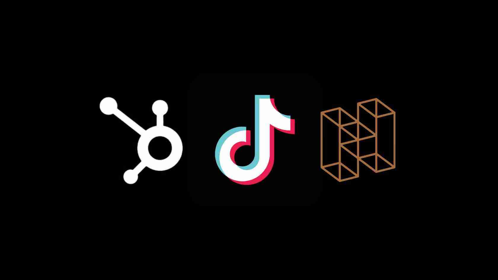 White HubSpot logo, TikTok logo, and a brown geometric cube logo on a black background viewed in a row.