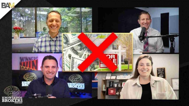 Collage of four smiling podcast hosts around a central image of money with a red X and a 'For Sale' sign.