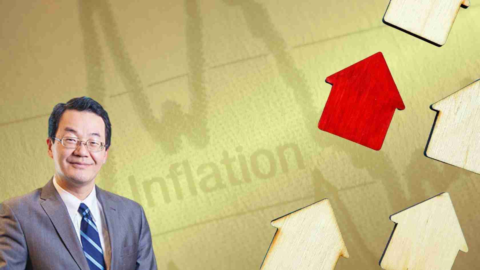 Businessman in a suit on the left with a red upward arrow among wooden arrows, symbolizing innovation and growth.