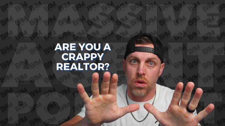 Man wearing a backward cap raises both hands toward the camera with a surprised look; bold white text asks, 'Are you a crappy realtor?' on a dark patterned background.