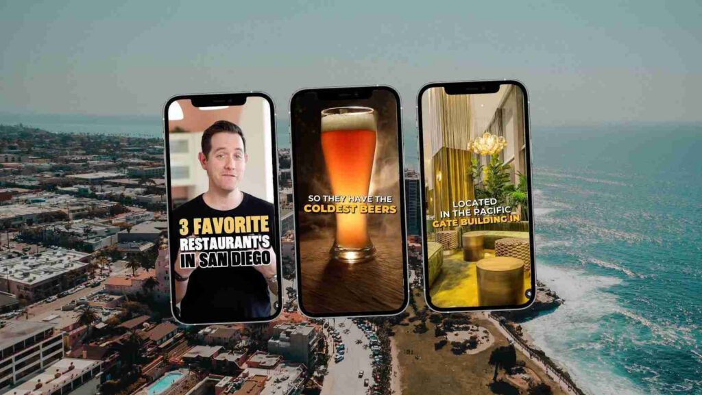 Three smartphones hovering over a coastal city, each screen displaying bold promos: San Diego restaurants, the coldest beers, and a Pacific Gate Building lounge.