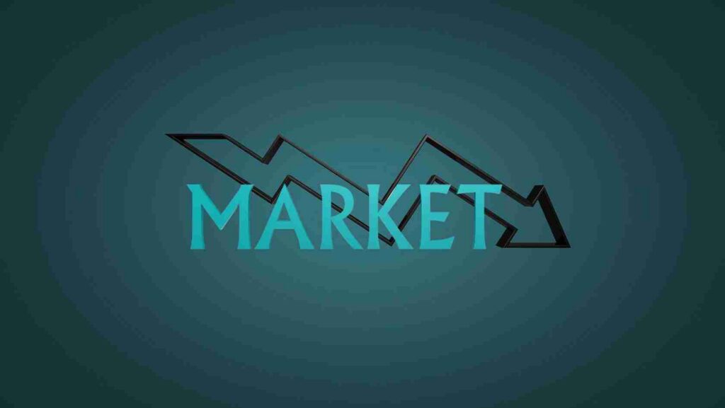 Teal MARKET wordmark with a black jagged mountain graph across it on a dark teal gradient background (branding image).