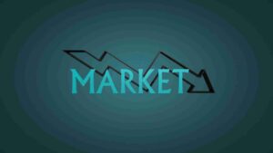 Teal MARKET wordmark with a black jagged mountain graph across it on a dark teal gradient background (branding image).