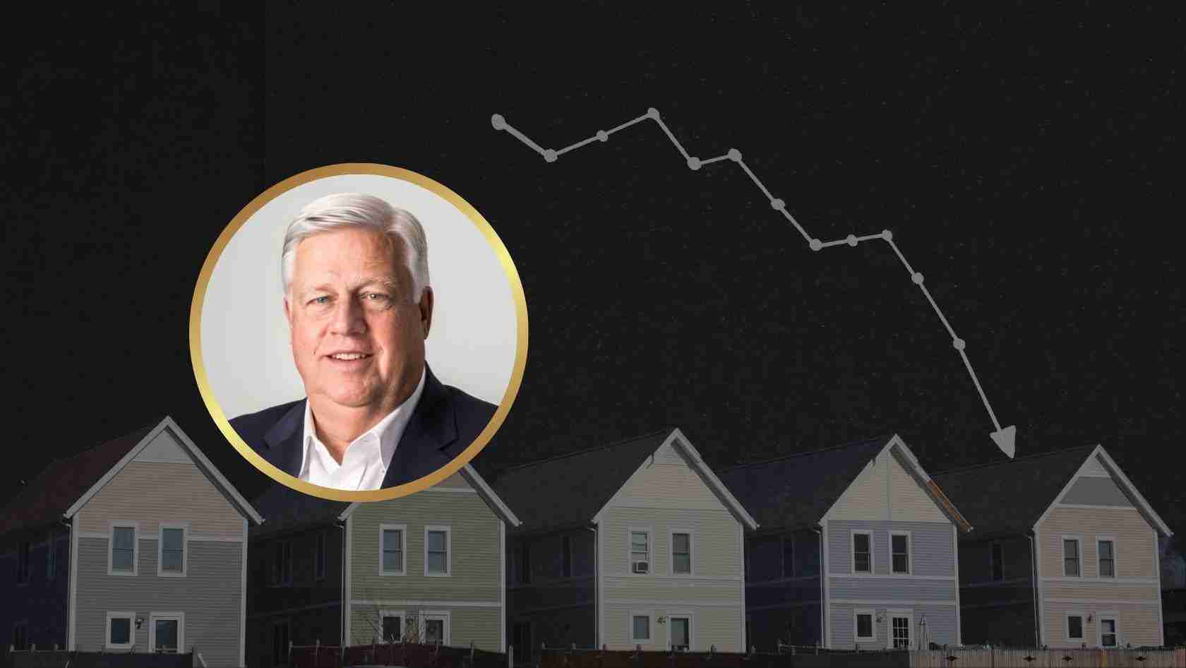 Smiling man in a gold-framed circle over a row of houses at night, with a downward stock/ mortgage trend line in the sky—suggesting a housing market decline.