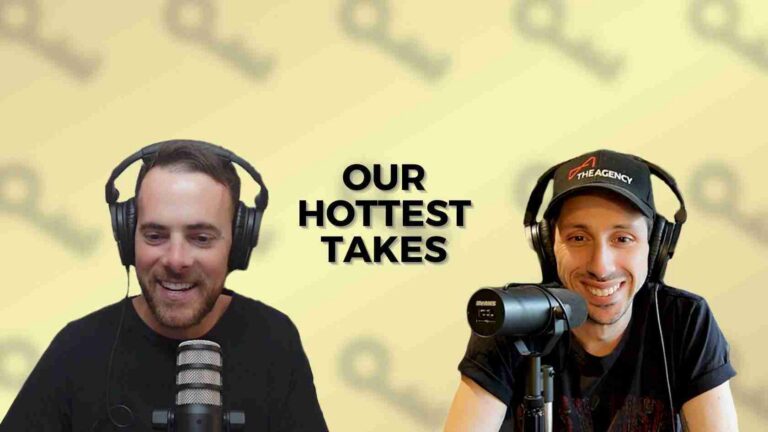 Two men with headphones and microphones recording a podcast, bold text 'OUR HOTTEST TAKES' centered between them.