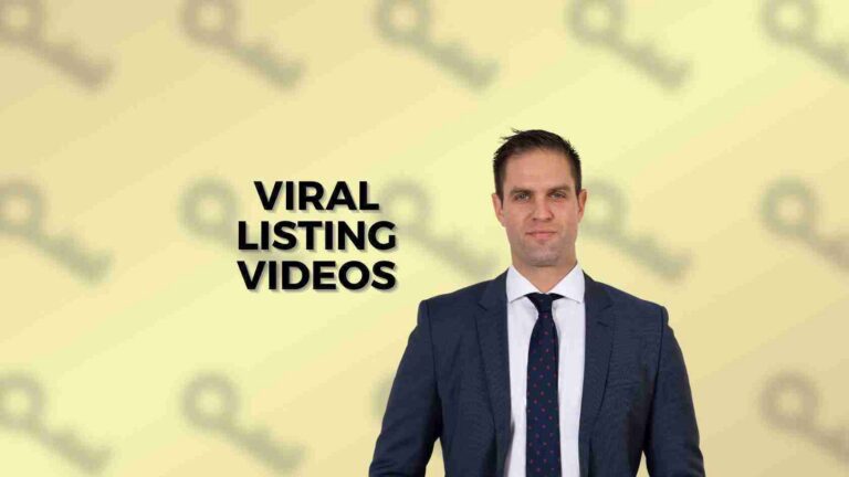 Businessman in a navy suit stands beside the text 'VIRAL LISTING VIDEOS' on a yellow background.