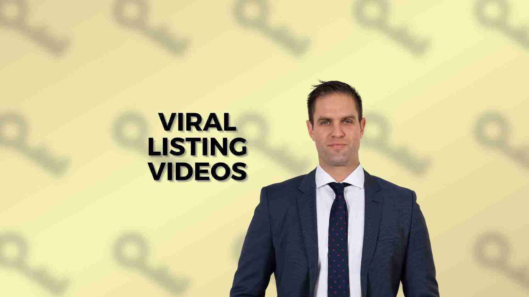 Businessman in a navy suit stands beside the text 'VIRAL LISTING VIDEOS' on a yellow background.
