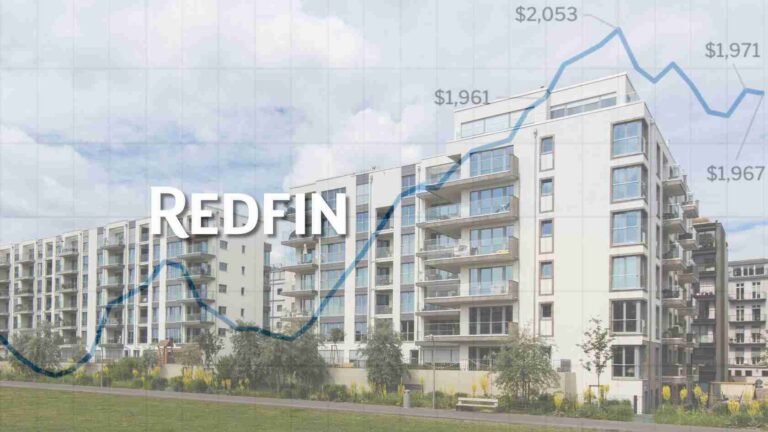 Modern apartment buildings with a blue market trend line and REDFIN logo, representing real estate market data.