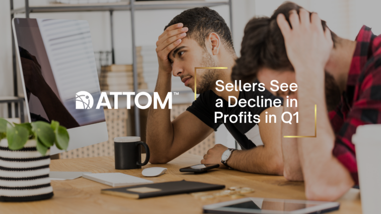 Two men at a desk, one with head in hand, in an office; computer screen and ATTOM logo with a profits headline overlaid (Sellers See a Decline in Profits in Q1).