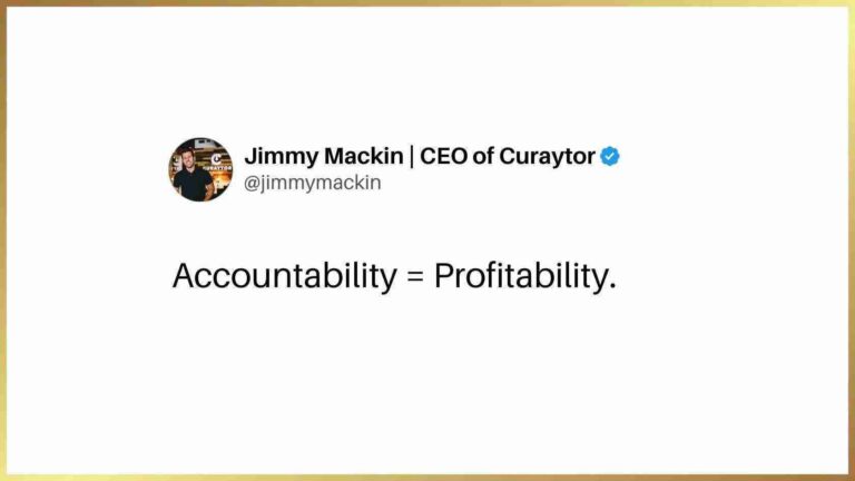 Twitter header for Jimmy Mackin, CEO of Curaytor, with the slogan 'Accountability = Profitability' showcased beneath the profile info.