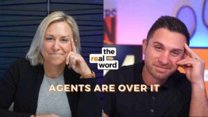 Split-screen image of a woman on the left and a man on the right, hosts of 'The Real Word,' with the show's logo between them and the caption 'AGENTS ARE OVER IT' across the bottom.