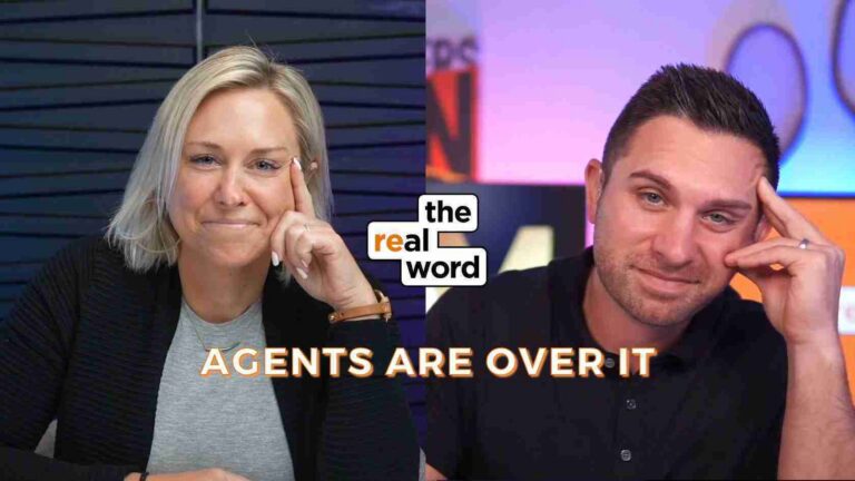 Split-screen image of a woman on the left and a man on the right, hosts of 'The Real Word,' with the show's logo between them and the caption 'AGENTS ARE OVER IT' across the bottom.